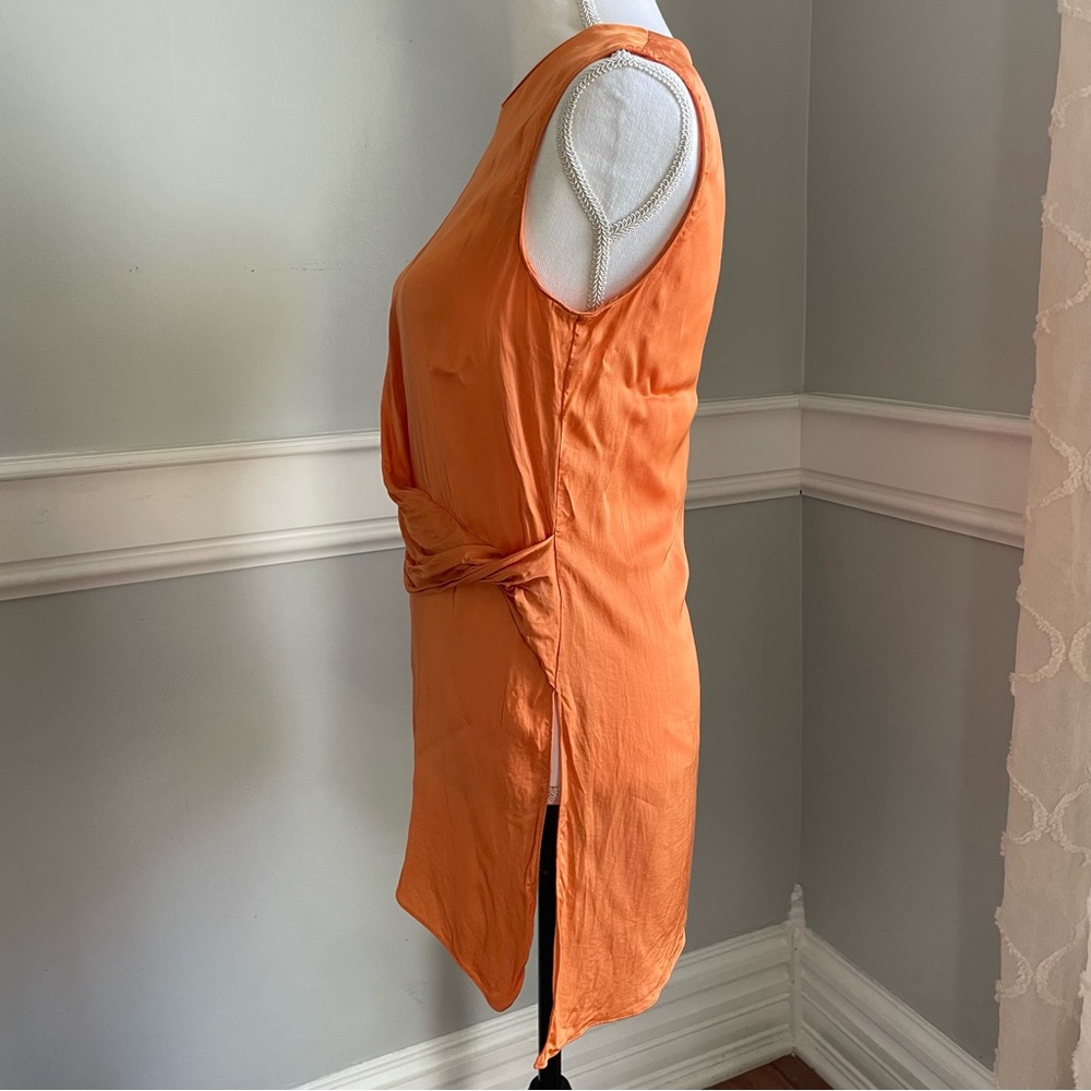 MNG Mango Vibrant Orange Asymmetrical Draped Satin Shirt Size M Split Side - Picture 9 of 13